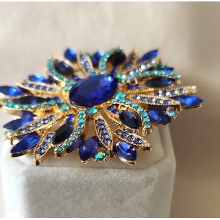 Broche fleur strass dorée bleu saphir ou ambre — grande
