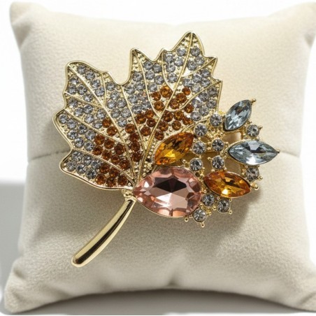 Broche feuille érable strass dorée — cristal ou vert ambre