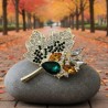 Broche feuille érable strass dorée — cristal ou vert ambre