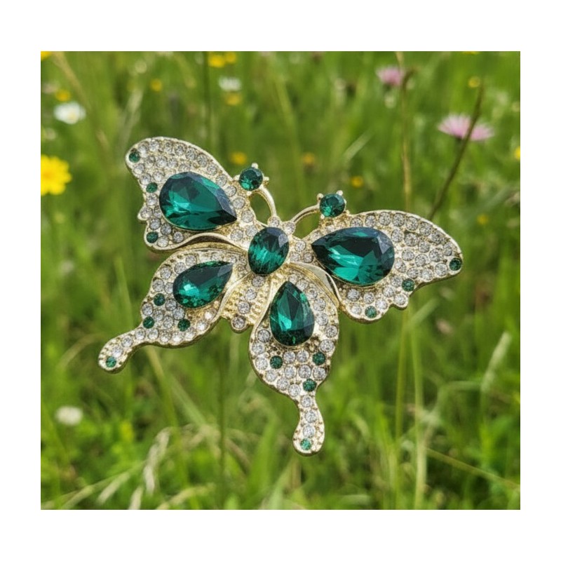 Broche papillon émail strass dorée — multicolore ou verte