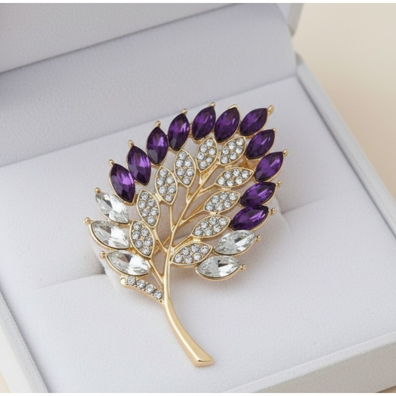Broche rameau strass violet améthyste cristal doré