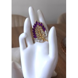 Broche rameau strass violet améthyste cristal doré