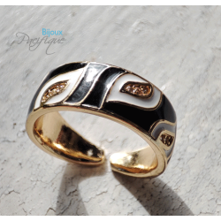 Bague Émaillée Ajustable en Cuivre Doré – Motif Graphique