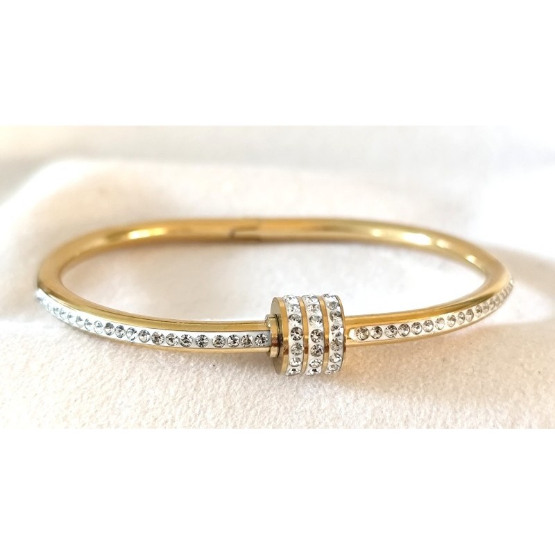 Bracelet Jonc Ouverture Cylindre Strass – Acier Inoxydable Doré ou Argenté