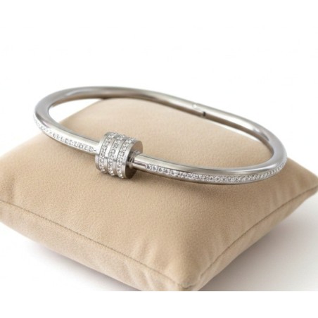 Bracelet Jonc Ouverture Cylindre Strass – Acier Inoxydable Doré ou Argenté