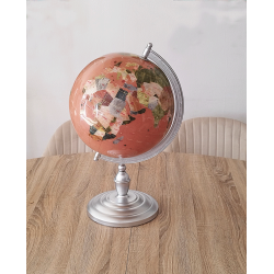 Globe terrestre en pierres fines océans Sable Rose sur pied acier