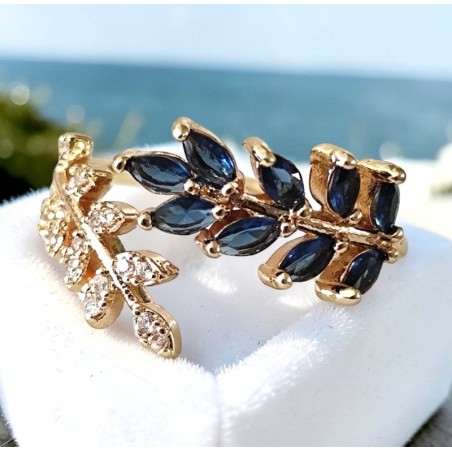 Bague ouverte double laurier zirconium ajustable – dorée ou argentée