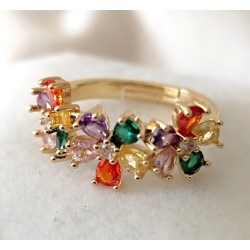 Bague fleur multicolore zirconium ajustable – dorée ou argentée
