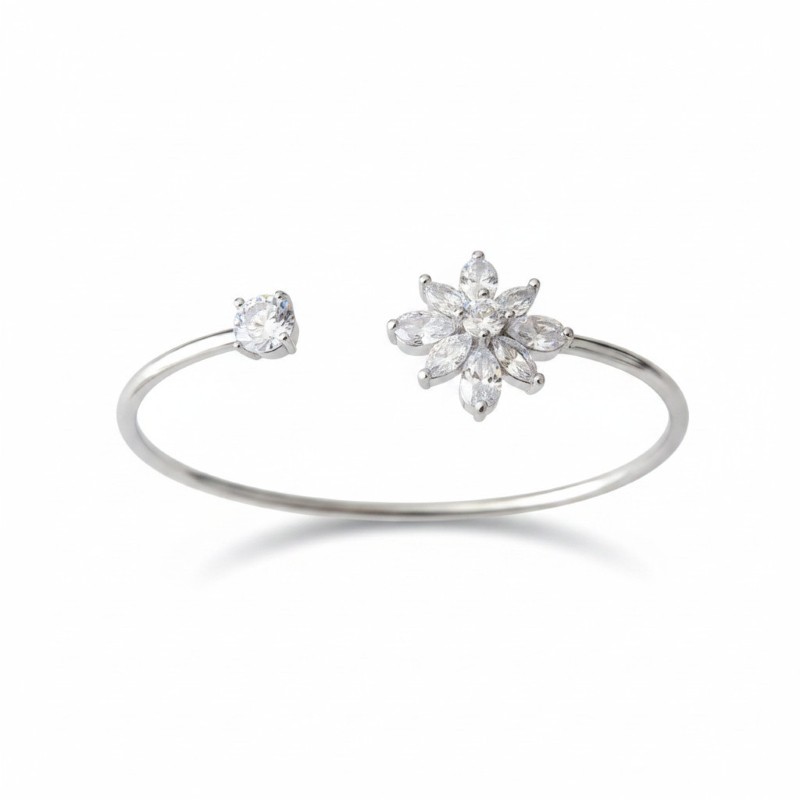 Bracelet jonc ouvert fleur zircon cubique doré acier