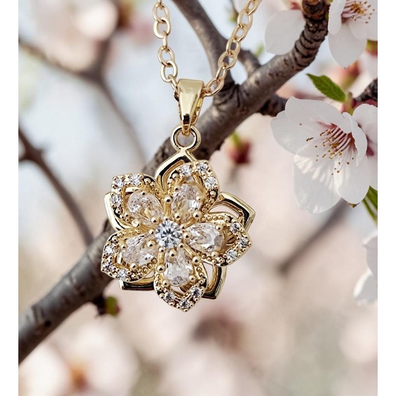 Pendentif fleur pivotante zircon cubique doré — 4 coloris